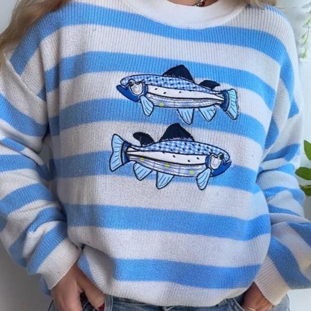 Upcycled fish patchwork embroidered blue & white striped knit sweater